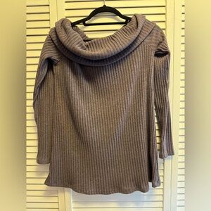ETS Large Ribbed Cowl Neck Off-Shoulder Sweater Tunic - Taupe. PTP 16.5”